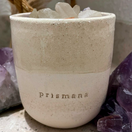 Vela con Cuarzo Blanco - Sándalo - Esta intención se da para mi mayor bien.